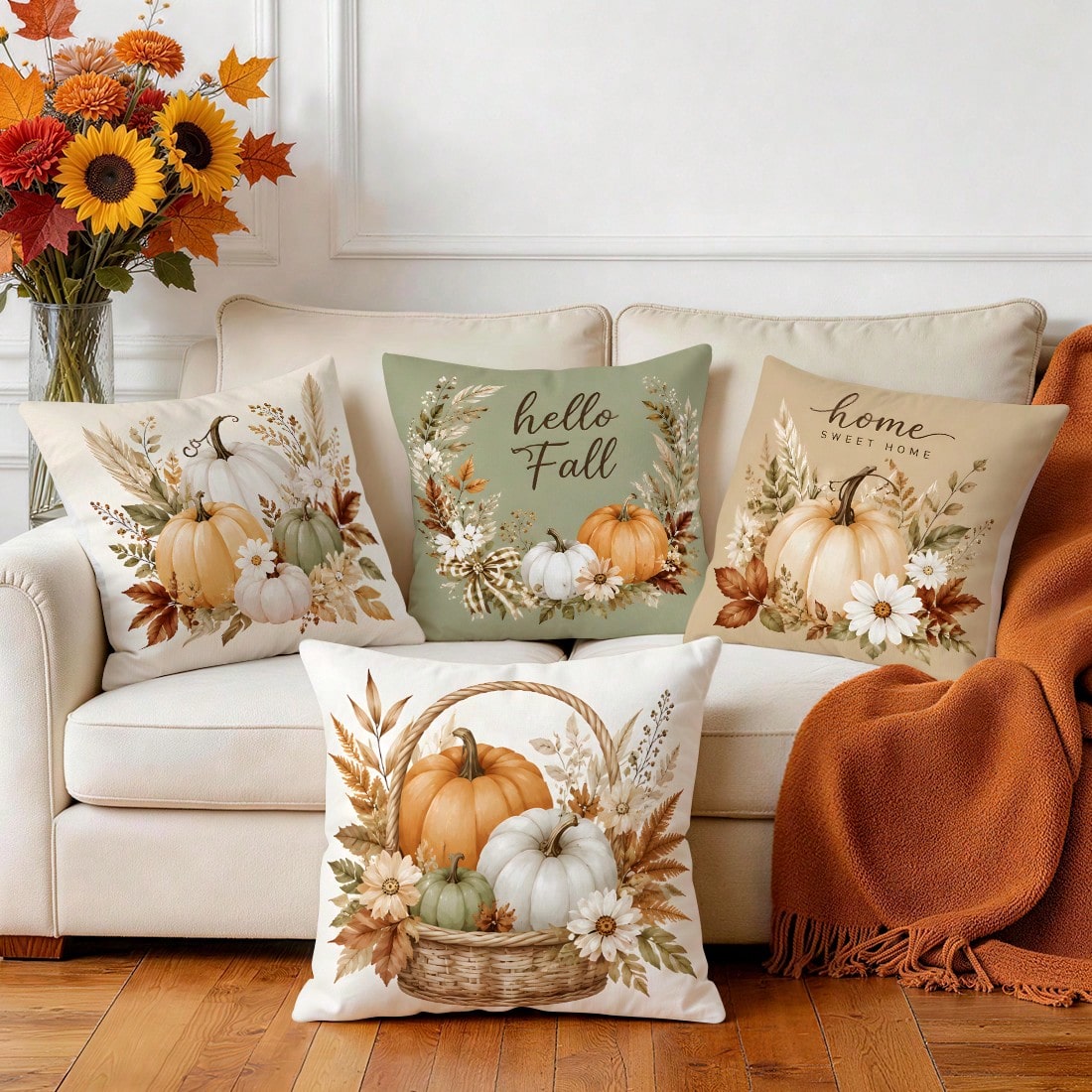 4pcs Autumn Theme Pumpkin Pattern Single-Sided Printed Pillow Covers/Cushion Covers, Multi-Scenario Atmosphere Decoration Pillow Covers Suitable For Living Room Sofa Bedroom, Pillow Inserts Not Includ