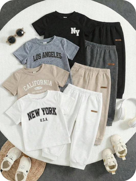 4pcs Baby Boy/Girl Casual Everyday Sports Loose Letter Graphic Round Neck Short Sleeve T-Shirts,White,Summer,Carrer Day,School,Back-To-School,Outings