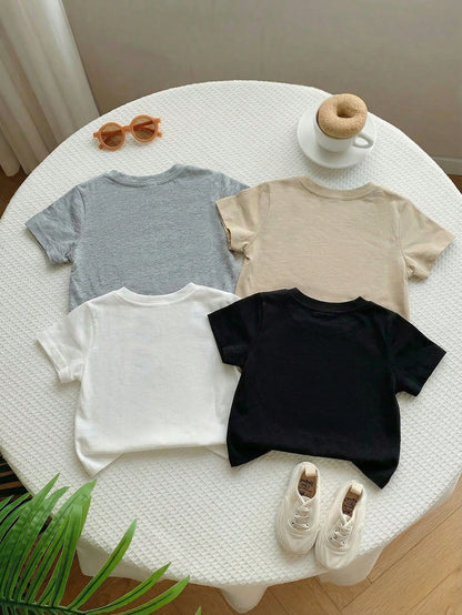 4pcs Baby Boy/Girl Casual Everyday Sports Loose Letter Graphic Round Neck Short Sleeve T-Shirts,White,Summer,Carrer Day,School,Back-To-School,Outings