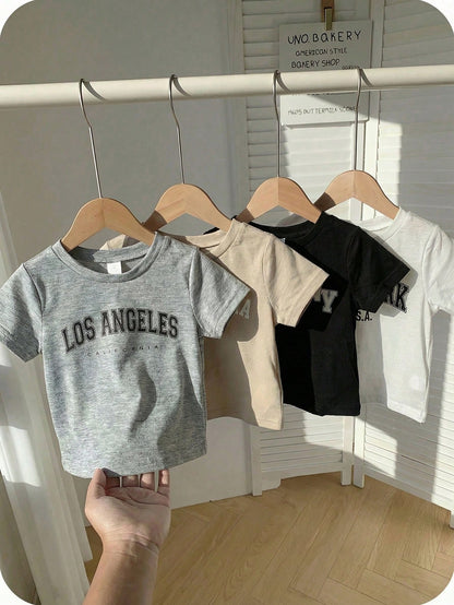 4pcs Baby Boy/Girl Casual Everyday Sports Loose Letter Graphic Round Neck Short Sleeve T-Shirts,White,Summer,Carrer Day,School,Back-To-School,Outings