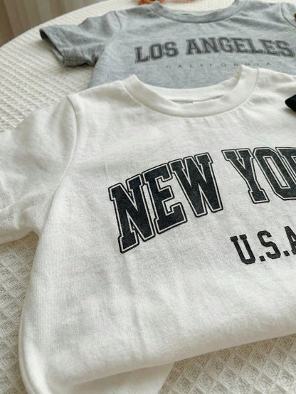4pcs Baby Boy/Girl Casual Everyday Sports Loose Letter Graphic Round Neck Short Sleeve T-Shirts,White,Summer,Carrer Day,School,Back-To-School,Outings