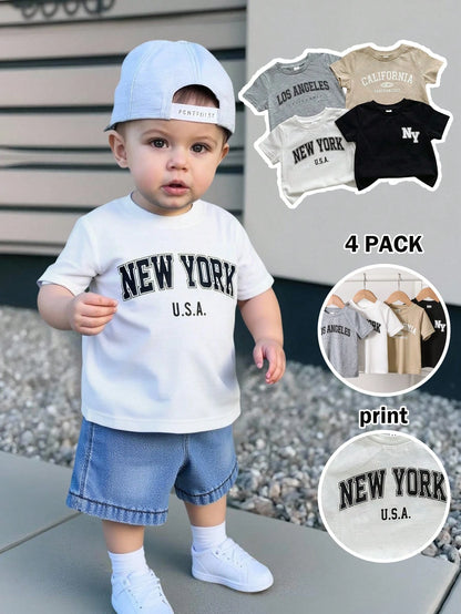 4pcs Baby Boy/Girl Casual Everyday Sports Loose Letter Graphic Round Neck Short Sleeve T-Shirts,White,Summer,Carrer Day,School,Back-To-School,Outings