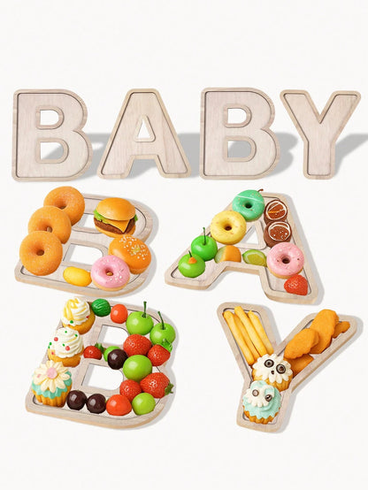 4pcs Baby Shower Wooden Letter Shaped Plate Set, BABY Letter Shaped Tray, Decorative Plates For Holding Snacks, Cakes, Ideal For Gender Reveal Party, Boy/Girl Birthday Party, Perfect Baby Shower Gift