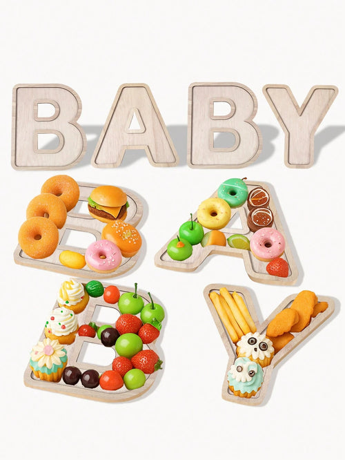 4pcs Baby Shower Wooden Letter Shaped Plate Set, BABY Letter Shaped Tray, Decorative Plates For Holding Snacks, Cakes, Ideal For Gender Reveal Party, Boy/Girl Birthday Party, Perfect Baby Shower Gift