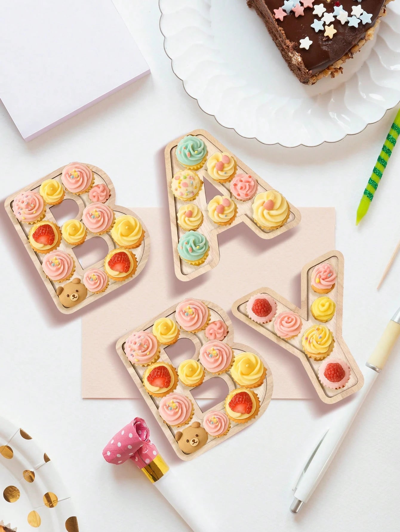 4pcs Baby Shower Wooden Letter Shaped Plate Set, BABY Letter Shaped Tray, Decorative Plates For Holding Snacks, Cakes, Ideal For Gender Reveal Party, Boy/Girl Birthday Party, Perfect Baby Shower Gift