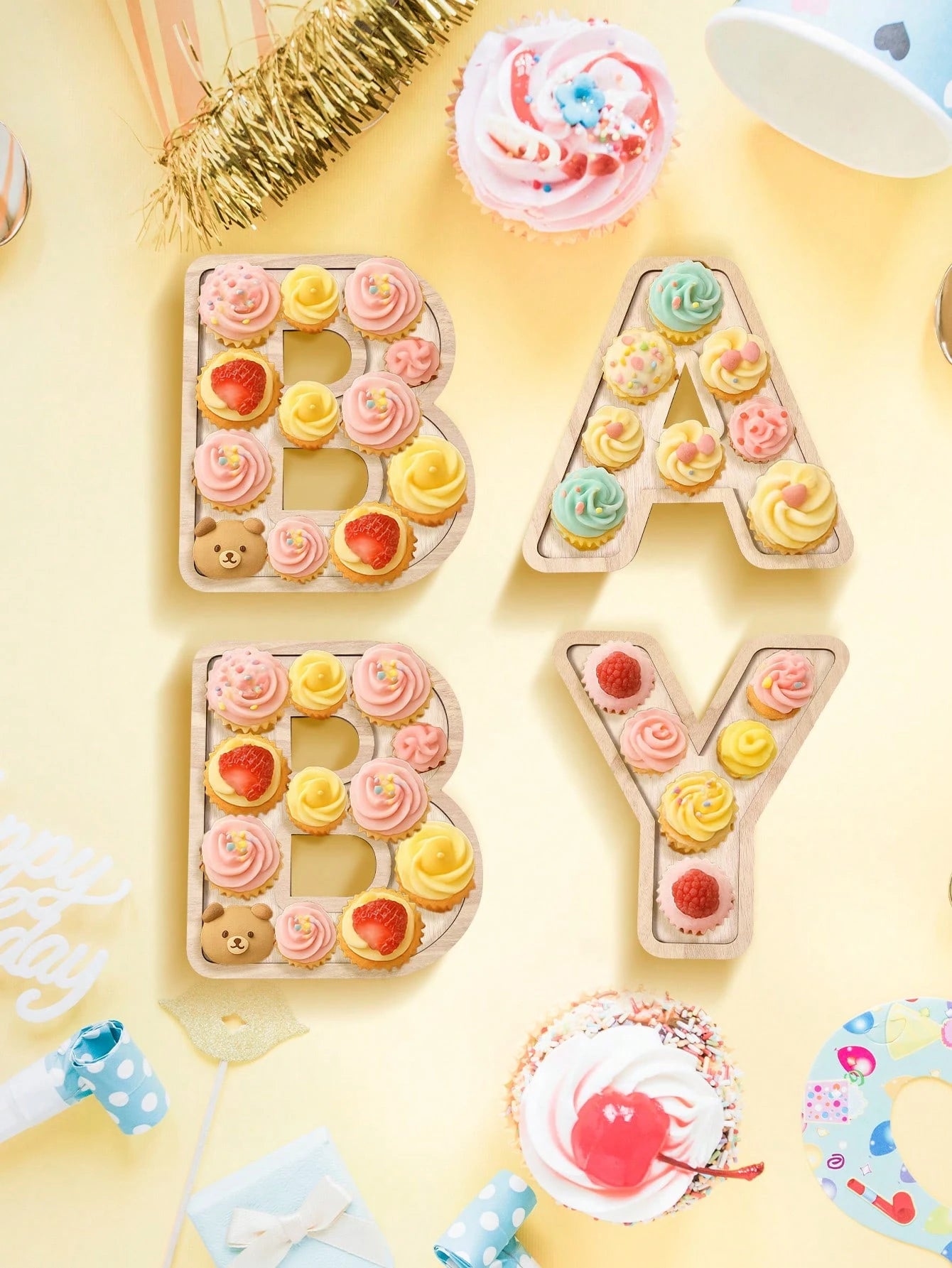 4pcs Baby Shower Wooden Letter Shaped Plate Set, BABY Letter Shaped Tray, Decorative Plates For Holding Snacks, Cakes, Ideal For Gender Reveal Party, Boy/Girl Birthday Party, Perfect Baby Shower Gift