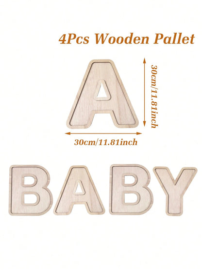 4pcs Baby Shower Wooden Letter Shaped Plate Set, BABY Letter Shaped Tray, Decorative Plates For Holding Snacks, Cakes, Ideal For Gender Reveal Party, Boy/Girl Birthday Party, Perfect Baby Shower Gift