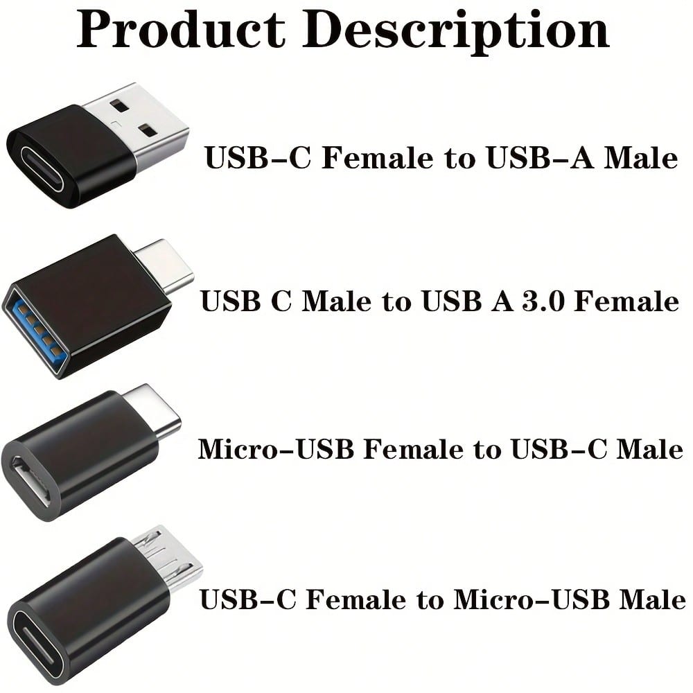 4pcs Black USB To USB-C Adapter, USB Type C Female To USB Adapter, Micro USB To USB-C Female To Male Converter Connector, Compatible With Laptops, Cars, Smartphones And Headphones