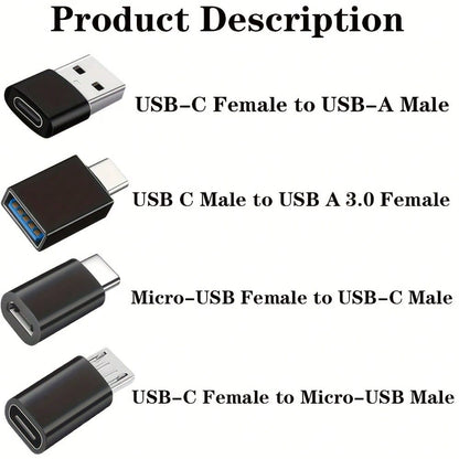 4pcs Black USB To USB-C Adapter, USB Type C Female To USB Adapter, Micro USB To USB-C Female To Male Converter Connector, Compatible With Laptops, Cars, Smartphones And Headphones