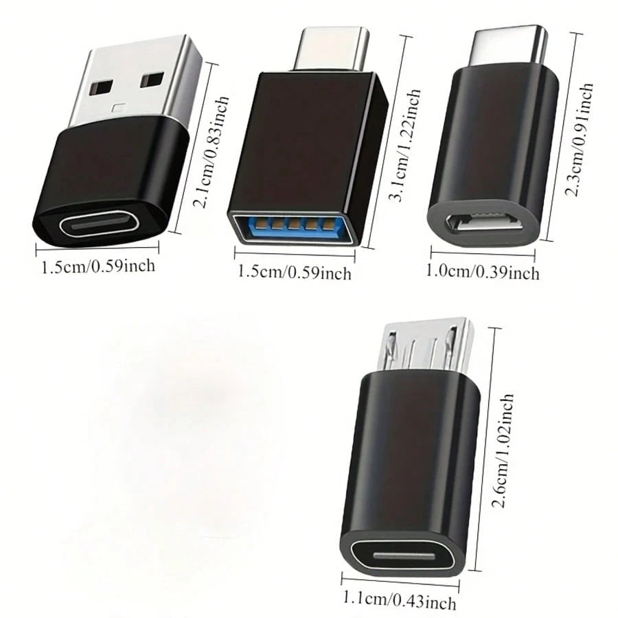 4pcs Black USB To USB-C Adapter, USB Type C Female To USB Adapter, Micro USB To USB-C Female To Male Converter Connector, Compatible With Laptops, Cars, Smartphones And Headphones
