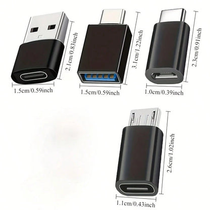 4pcs Black USB To USB-C Adapter, USB Type C Female To USB Adapter, Micro USB To USB-C Female To Male Converter Connector, Compatible With Laptops, Cars, Smartphones And Headphones