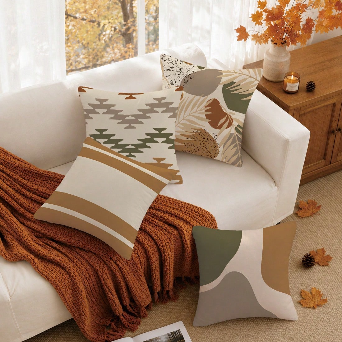 4pcs Bohemian Morandi Color Block Striped Botanical Print Pillow Covers [No Pillow Insert], 40*40cm/45*45cm/50*50cm, [Single-Sided Printing] Made Of Polyester Material, Autumn Color Palette Geometric