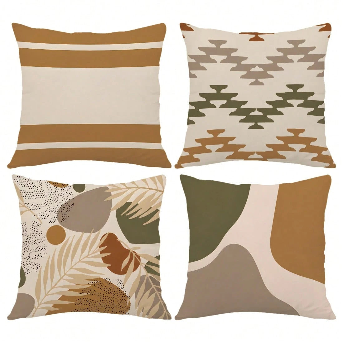 4pcs Bohemian Morandi Color Block Striped Botanical Print Pillow Covers [No Pillow Insert], 40*40cm/45*45cm/50*50cm, [Single-Sided Printing] Made Of Polyester Material, Autumn Color Palette Geometric