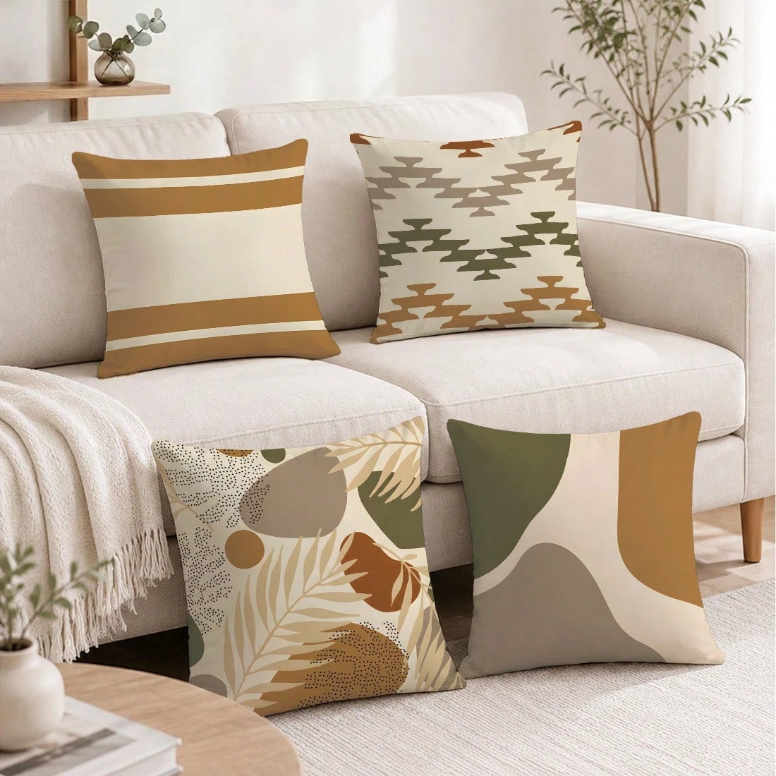 4pcs Bohemian Morandi Color Block Striped Botanical Print Pillow Covers [No Pillow Insert], 40*40cm/45*45cm/50*50cm, [Single-Sided Printing] Made Of Polyester Material, Autumn Color Palette Geometric