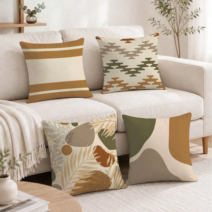 4pcs Bohemian Morandi Color Block Striped Botanical Print Pillow Covers [No Pillow Insert], 40*40cm/45*45cm/50*50cm, [Single-Sided Printing] Made Of Polyester Material, Autumn Color Palette Geometric