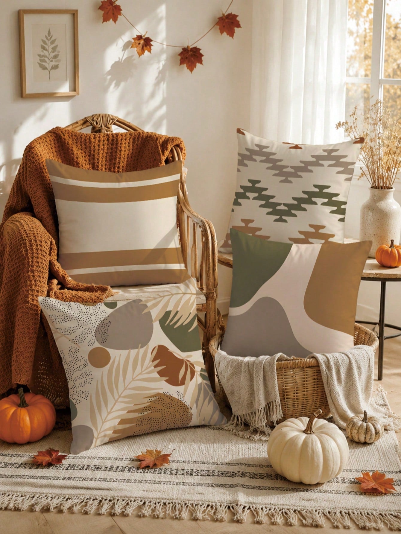 4pcs Bohemian Morandi Color Block Striped Botanical Print Pillow Covers [No Pillow Insert], 40*40cm/45*45cm/50*50cm, [Single-Sided Printing] Made Of Polyester Material, Autumn Color Palette Geometric
