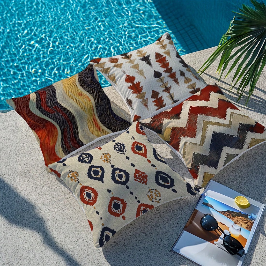 4pcs Bohemian Style Pillow Covers 45*45cm, Polyester Faux Linen Texture/Digital Printing/Hidden Zipper Closure/Stitched Craftsmanship, Protect Pillow Core/Style Replacement, Outdoor Patio Decoration/B