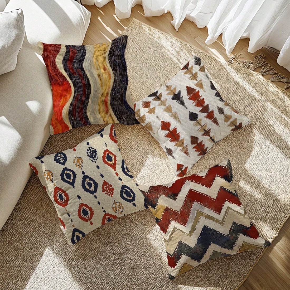 4pcs Bohemian Style Pillow Covers 45*45cm, Polyester Faux Linen Texture/Digital Printing/Hidden Zipper Closure/Stitched Craftsmanship, Protect Pillow Core/Style Replacement, Outdoor Patio Decoration/B