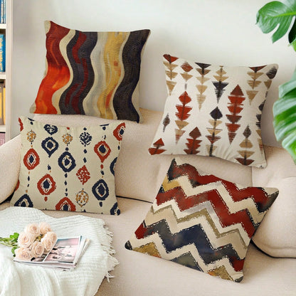 4pcs Bohemian Style Pillow Covers 45*45cm, Polyester Faux Linen Texture/Digital Printing/Hidden Zipper Closure/Stitched Craftsmanship, Protect Pillow Core/Style Replacement, Outdoor Patio Decoration/B