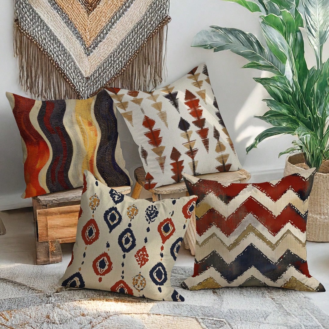 4pcs Bohemian Style Pillow Covers 45*45cm, Polyester Faux Linen Texture/Digital Printing/Hidden Zipper Closure/Stitched Craftsmanship, Protect Pillow Core/Style Replacement, Outdoor Patio Decoration/B