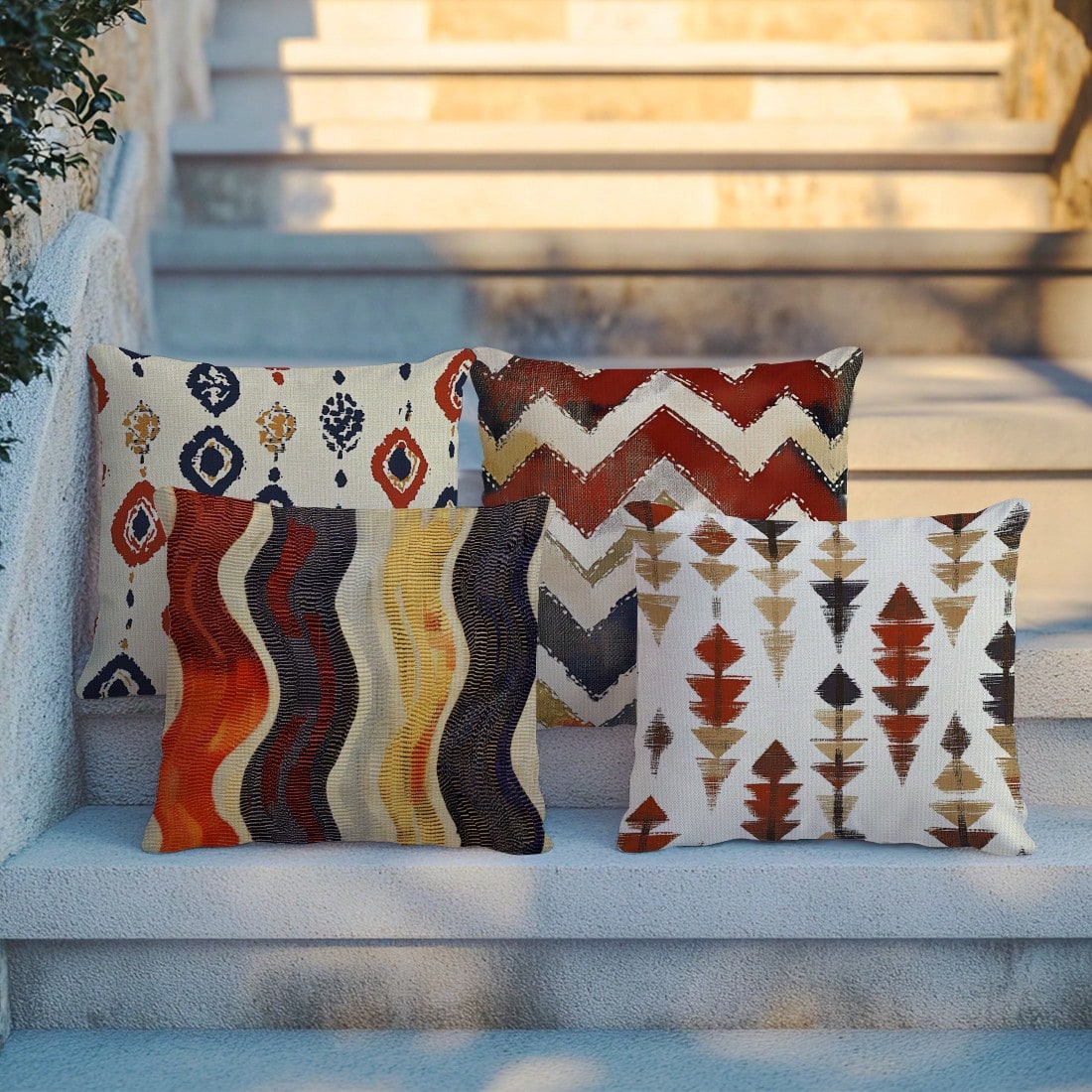 4pcs Bohemian Style Pillow Covers 45*45cm, Polyester Faux Linen Texture/Digital Printing/Hidden Zipper Closure/Stitched Craftsmanship, Protect Pillow Core/Style Replacement, Outdoor Patio Decoration/B