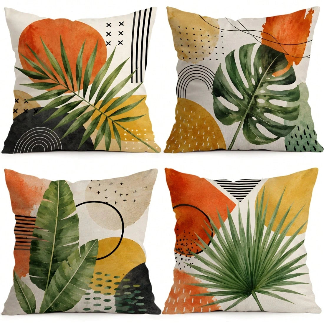 4pcs Bohemian Tropical Plant Pattern Single-Sided Printed Throw Pillow Covers/Cushion Covers, Multi-Scene Atmosphere Decorative Pillow Covers Suitable For Living Room Sofa Bedroom, Without Pillow Inse