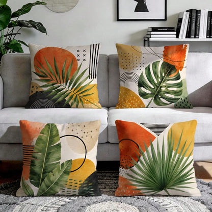 4pcs Bohemian Tropical Plant Pattern Single-Sided Printed Throw Pillow Covers/Cushion Covers, Multi-Scene Atmosphere Decorative Pillow Covers Suitable For Living Room Sofa Bedroom, Without Pillow Inse