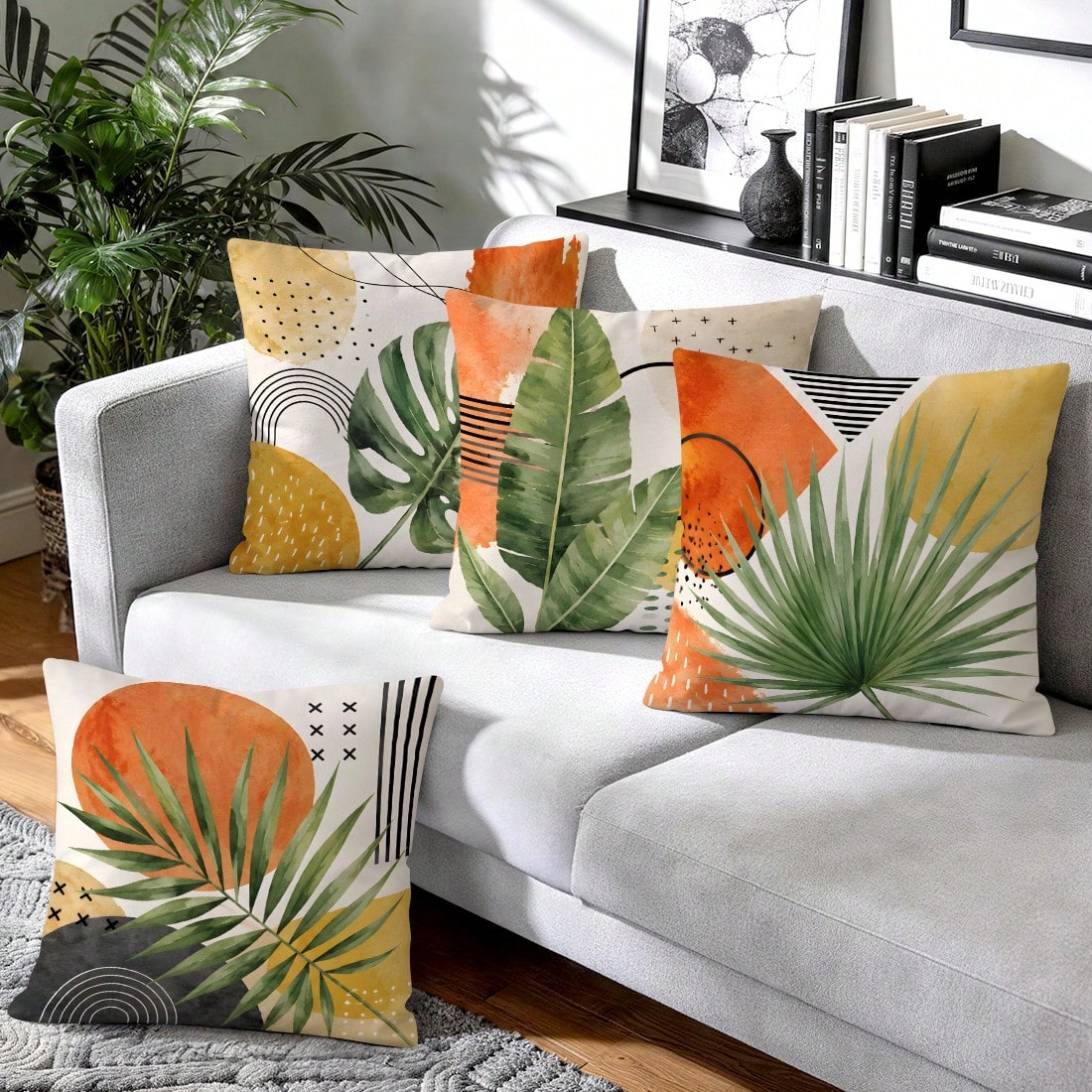 4pcs Bohemian Tropical Plant Pattern Single-Sided Printed Throw Pillow Covers/Cushion Covers, Multi-Scene Atmosphere Decorative Pillow Covers Suitable For Living Room Sofa Bedroom, Without Pillow Inse
