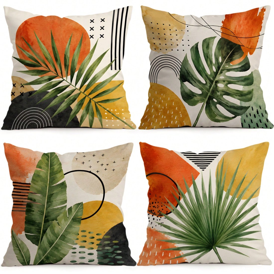 4pcs Bohemian Tropical Plant Pattern Single-Sided Printed Throw Pillow Covers/Cushion Covers, Multi-Scene Atmosphere Decorative Pillow Covers Suitable For Living Room Sofa Bedroom, Without Pillow Inse