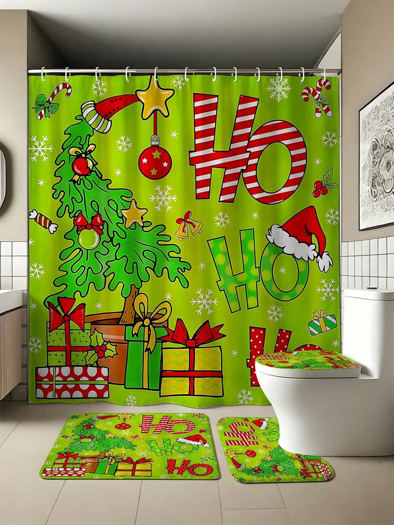 4pcs Christmas Green HOHO Christmas Tree Bathroom Set, Including Shower Curtains, U-Shaped Toilet Seat Cushions, Non Slip Floor Mats, Toilet Seat Cushions, And 12 Hooks. Shower Curtain Size 180cm * 18