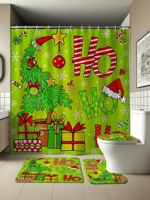 4pcs Christmas Green HOHO Christmas Tree Bathroom Set, Including Shower Curtains, U-Shaped Toilet Seat Cushions, Non Slip Floor Mats, Toilet Seat Cushions, And 12 Hooks. Shower Curtain Size 180cm * 18