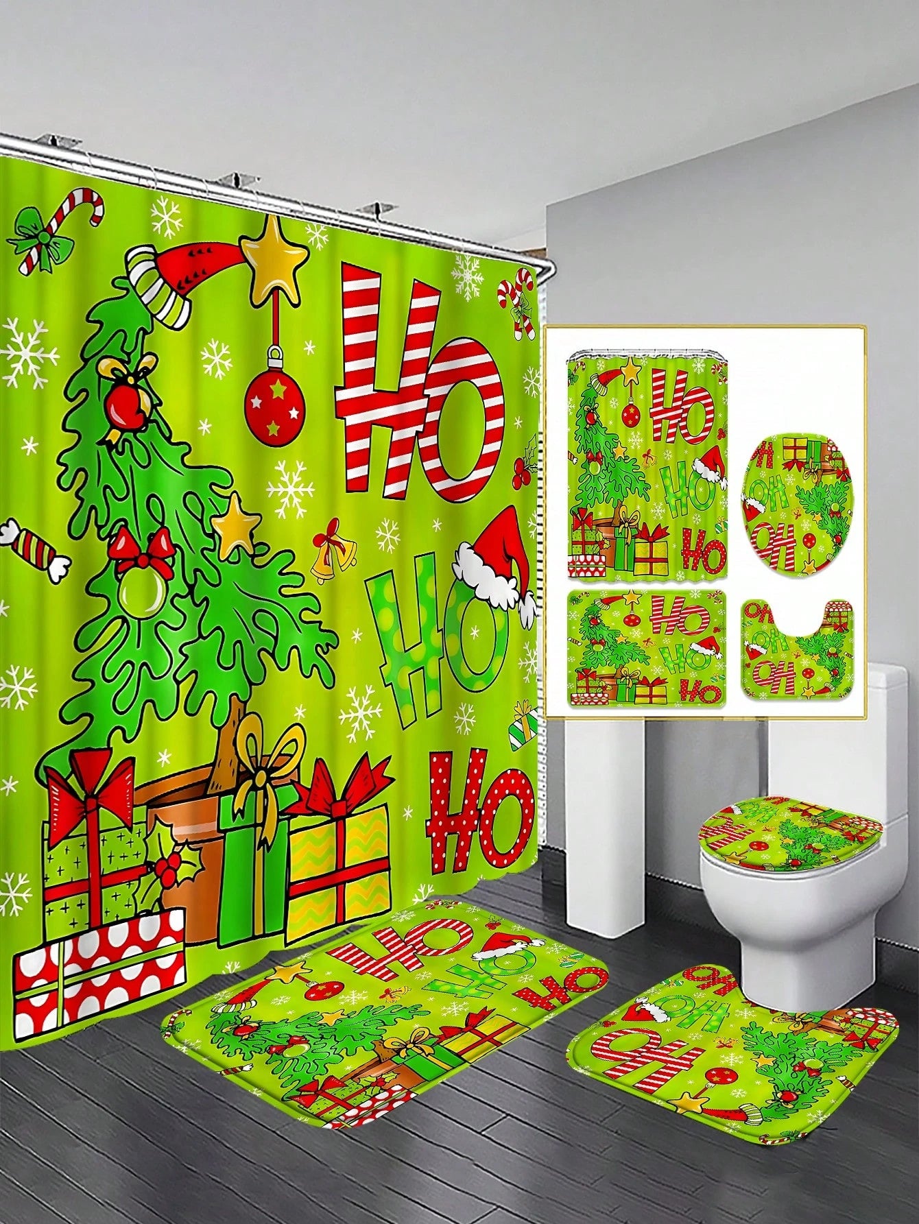 4pcs Christmas Green HOHO Christmas Tree Bathroom Set, Including Shower Curtains, U-Shaped Toilet Seat Cushions, Non Slip Floor Mats, Toilet Seat Cushions, And 12 Hooks. Shower Curtain Size 180cm * 18