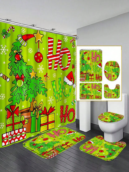 4pcs Christmas Green HOHO Christmas Tree Bathroom Set, Including Shower Curtains, U-Shaped Toilet Seat Cushions, Non Slip Floor Mats, Toilet Seat Cushions, And 12 Hooks. Shower Curtain Size 180cm * 18