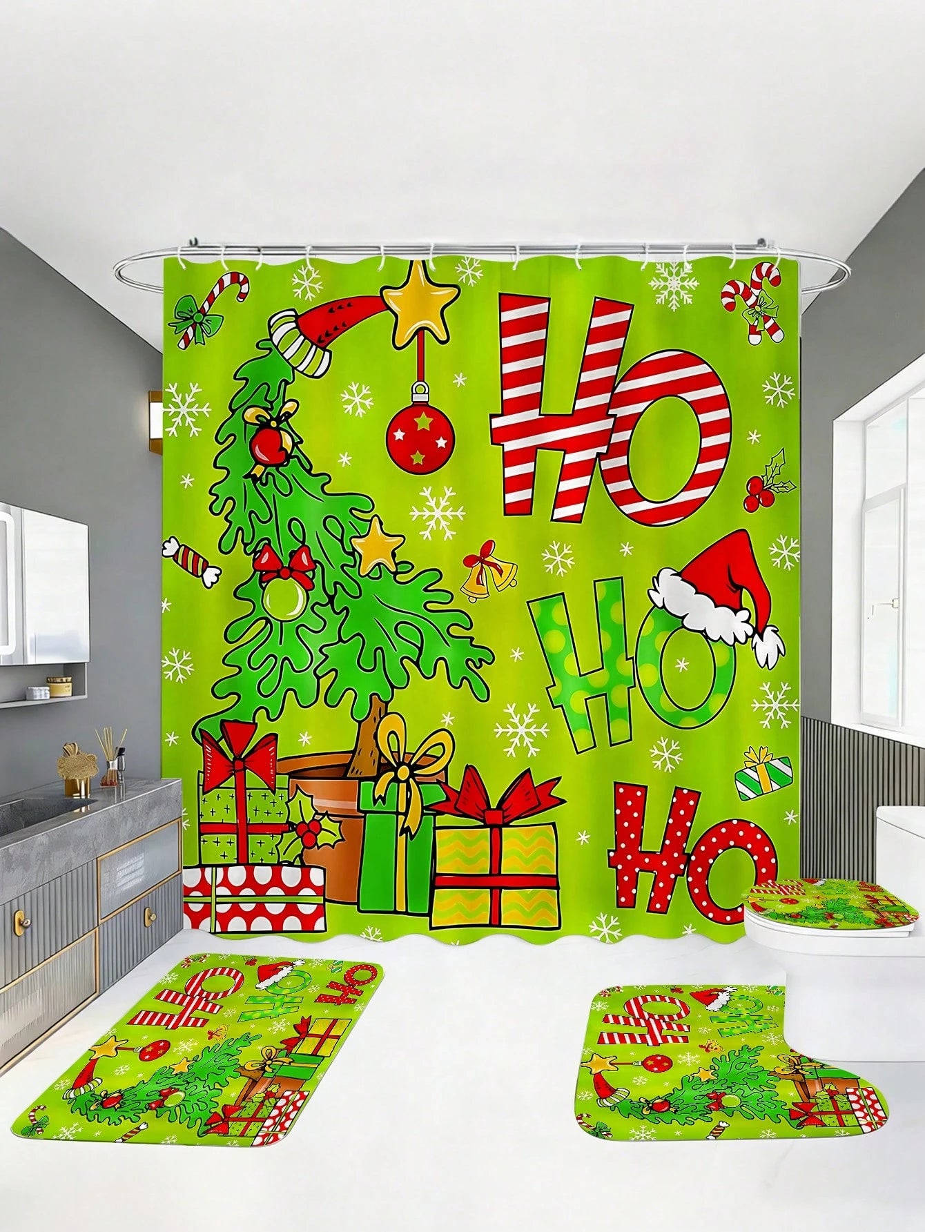 4pcs Christmas Green HOHO Christmas Tree Bathroom Set, Including Shower Curtains, U-Shaped Toilet Seat Cushions, Non Slip Floor Mats, Toilet Seat Cushions, And 12 Hooks. Shower Curtain Size 180cm * 18