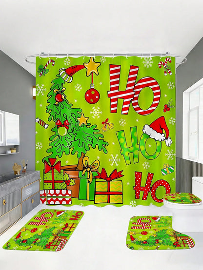 4pcs Christmas Green HOHO Christmas Tree Bathroom Set, Including Shower Curtains, U-Shaped Toilet Seat Cushions, Non Slip Floor Mats, Toilet Seat Cushions, And 12 Hooks. Shower Curtain Size 180cm * 18