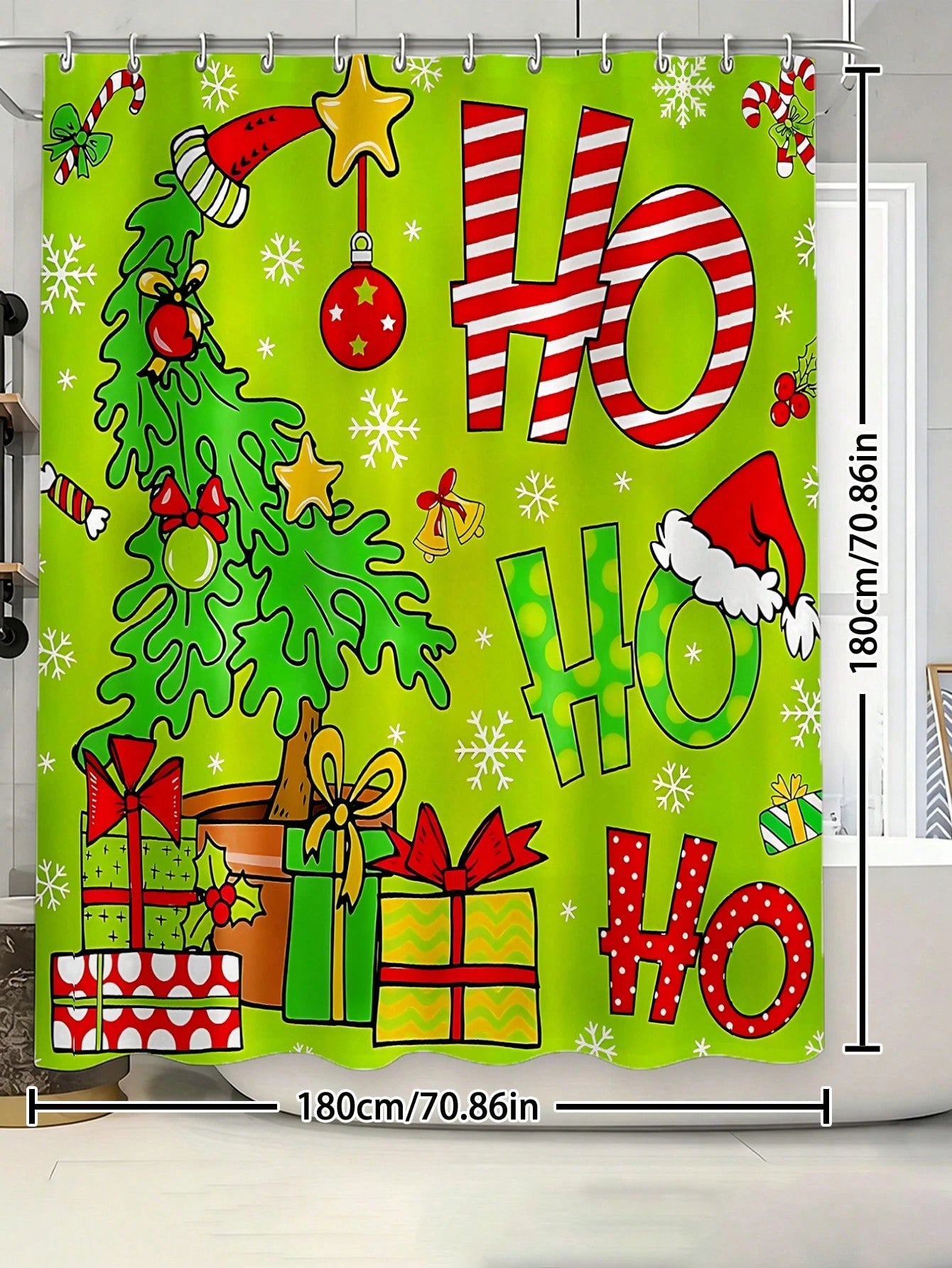 4pcs Christmas Green HOHO Christmas Tree Bathroom Set, Including Shower Curtains, U-Shaped Toilet Seat Cushions, Non Slip Floor Mats, Toilet Seat Cushions, And 12 Hooks. Shower Curtain Size 180cm * 18