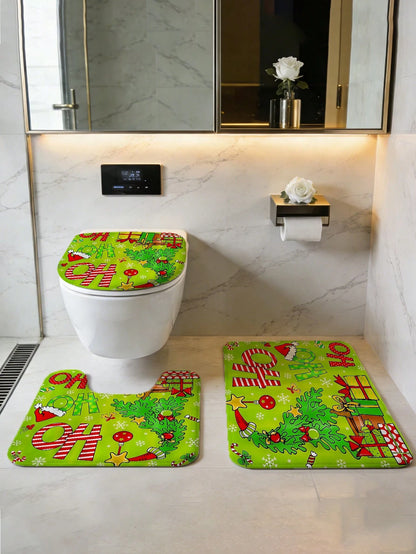 4pcs Christmas Green HOHO Christmas Tree Bathroom Set, Including Shower Curtains, U-Shaped Toilet Seat Cushions, Non Slip Floor Mats, Toilet Seat Cushions, And 12 Hooks. Shower Curtain Size 180cm * 18