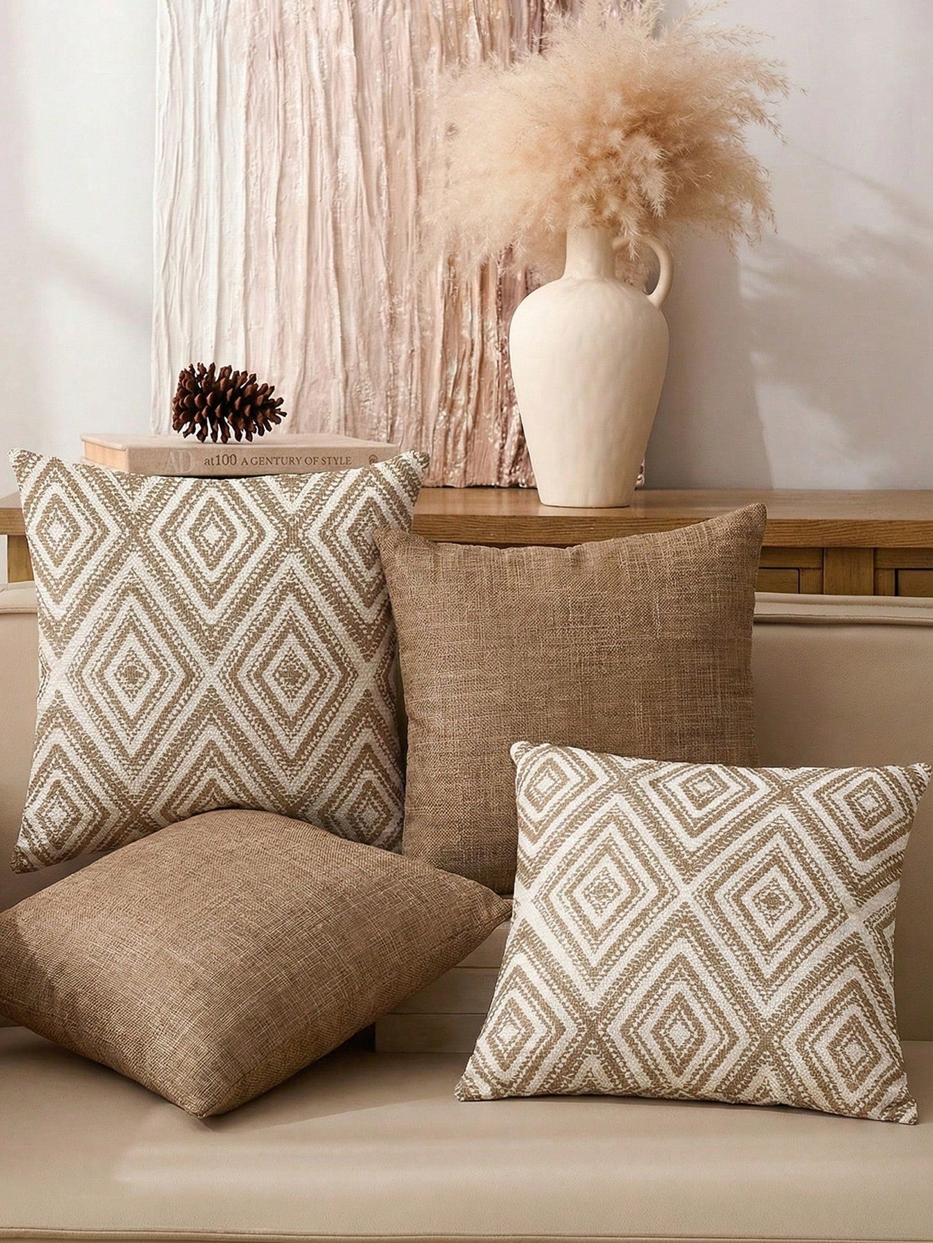 4pcs Decorative Pillow Covers, Geometric Pattern, 100% Hypoallergenic Polyester Fiber Cushion Covers, Vintage Linen Material, Hidden Zipper, Machine Washable, Minimalist Modern Line Design, Zipper Clo