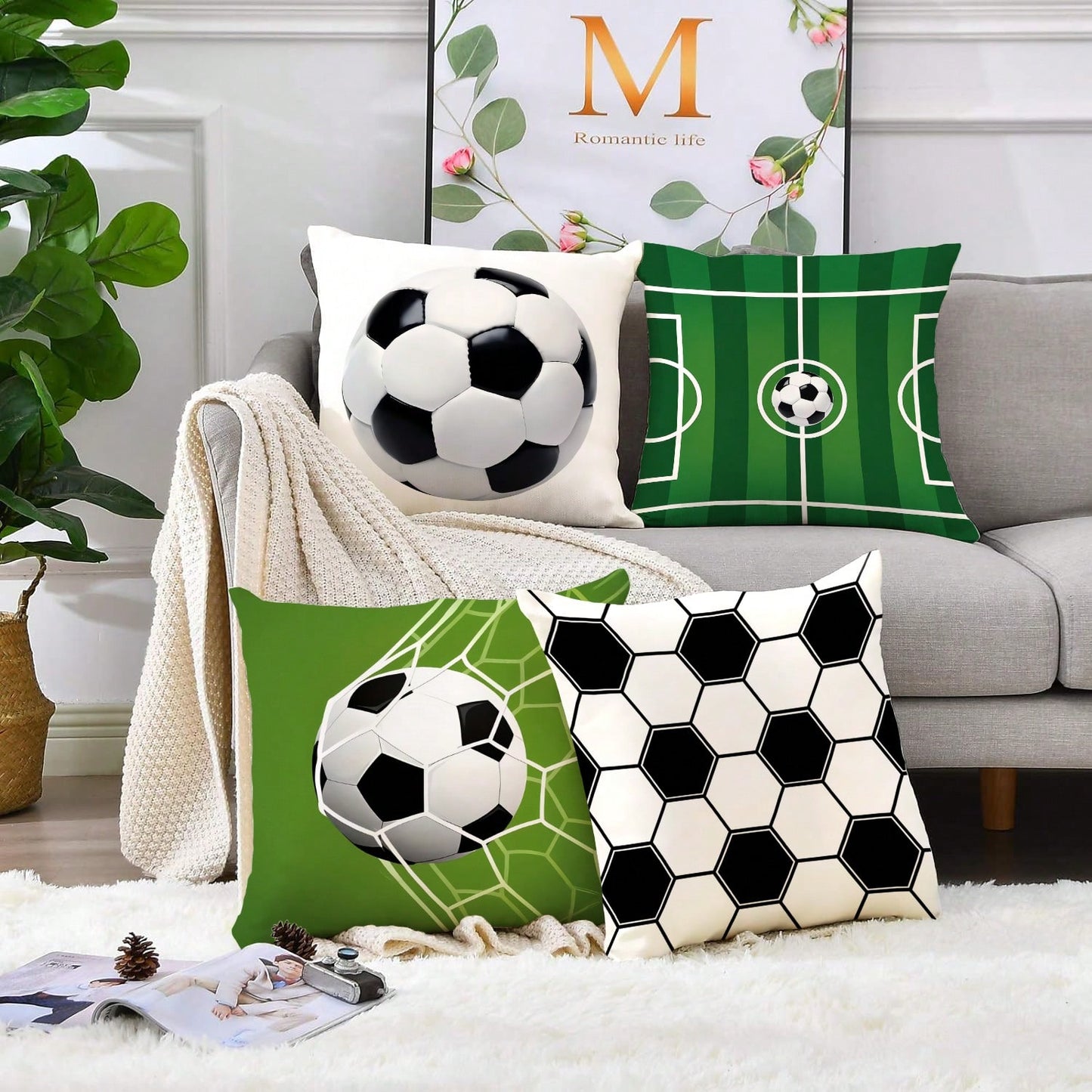 4pcs Football Field Printed Throw Pillow Covers, World Cup- Soft & Comfortable Polyester Cushion Covers, 45x45cm (17.72x17.72inch), Zipper Closure, Machine Washable, Suitable For Home Decor, Living R