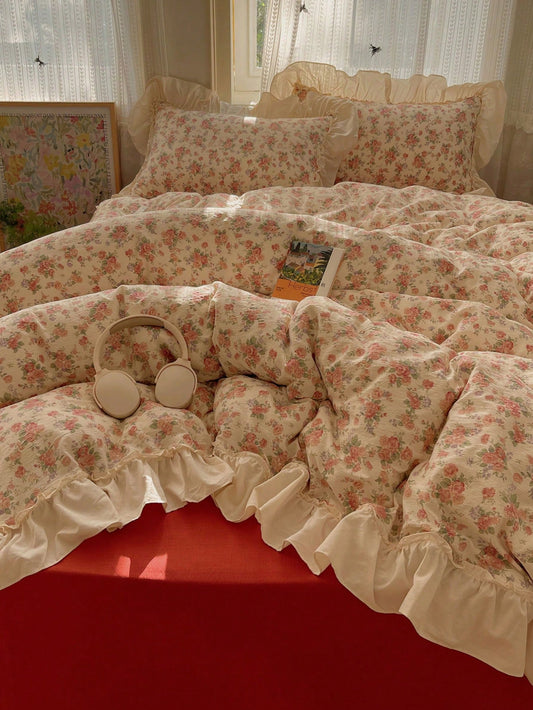 4pcs Lace Bedding Set, Soft & Comfortable Bedroom Linens, Lace Design, Cute Floral & Cartoon Animal Pattern, Breathable & Soft All-Season Bedding Set, Includes 1 Duvet Cover, 1 Bed Sheet, 2 Pillowcase