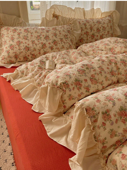 4pcs Lace Bedding Set, Soft & Comfortable Bedroom Linens, Lace Design, Cute Floral & Cartoon Animal Pattern, Breathable & Soft All-Season Bedding Set, Includes 1 Duvet Cover, 1 Bed Sheet, 2 Pillowcase