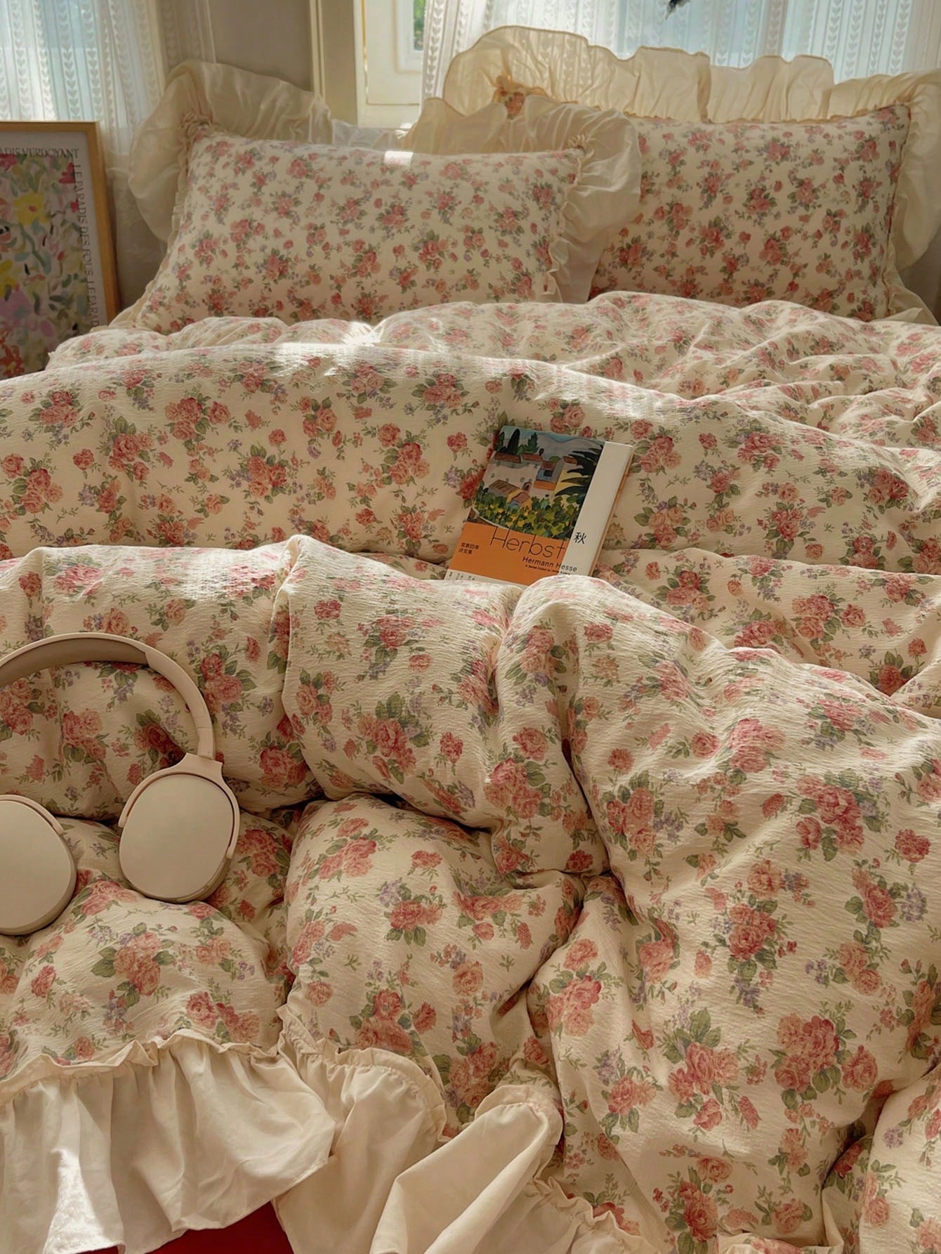 4pcs Lace Bedding Set, Soft & Comfortable Bedroom Linens, Lace Design, Cute Floral & Cartoon Animal Pattern, Breathable & Soft All-Season Bedding Set, Includes 1 Duvet Cover, 1 Bed Sheet, 2 Pillowcase