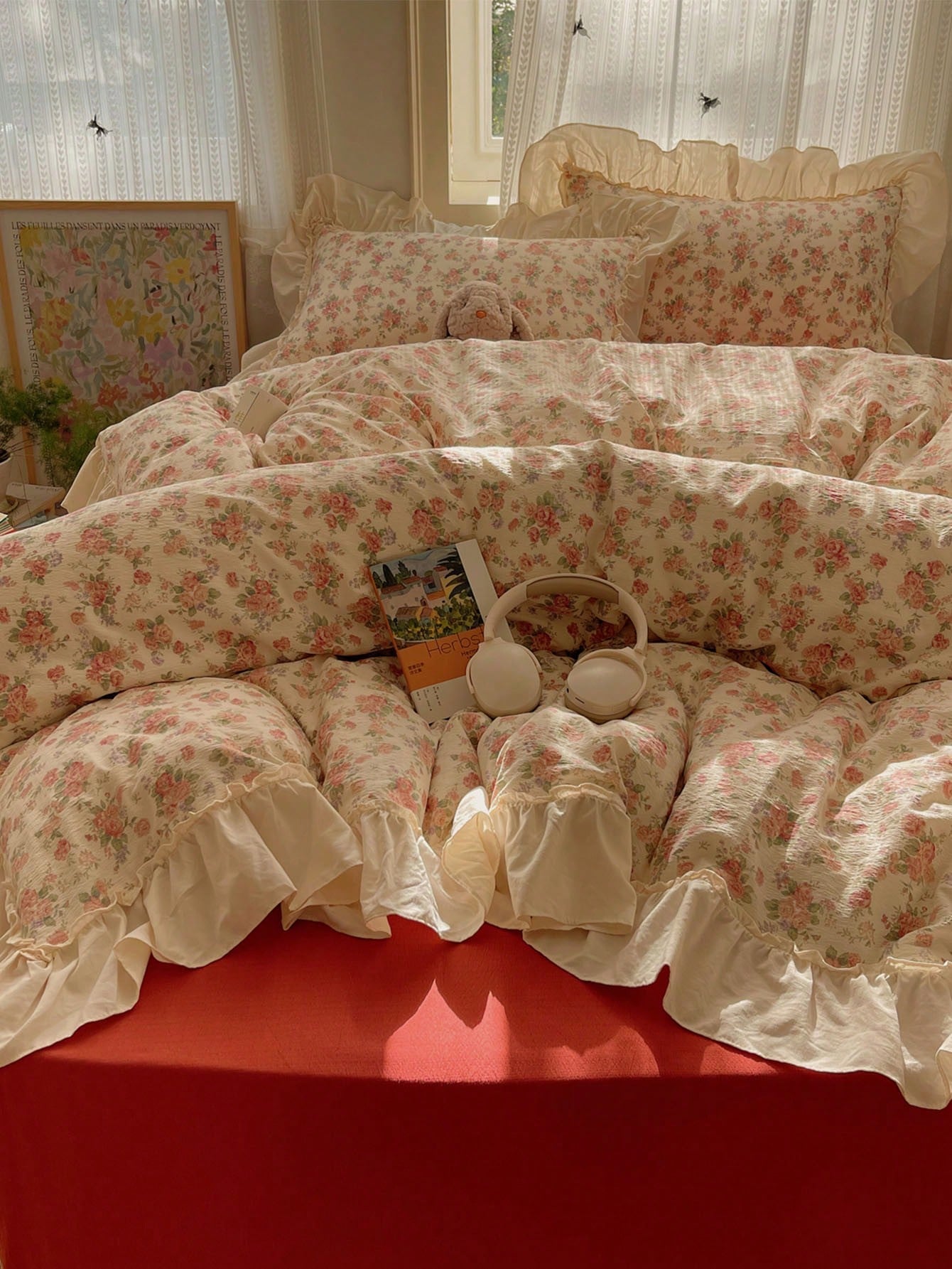 4pcs Lace Bedding Set, Soft & Comfortable Bedroom Linens, Lace Design, Cute Floral & Cartoon Animal Pattern, Breathable & Soft All-Season Bedding Set, Includes 1 Duvet Cover, 1 Bed Sheet, 2 Pillowcase