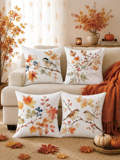 4pcs Minimalist Autumn Plant Berry Bird Pattern Cushion Covers, Single-Sided Printed Skin-Friendly Peach Skin Velvet Material, 45*45CM Throw Pillow Covers Suitable For Room Decor, Indoor Sofa Living R