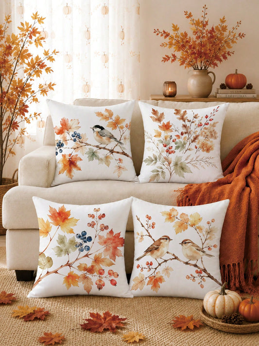 4pcs Minimalist Autumn Plant Berry Bird Pattern Cushion Covers, Single-Sided Printed Skin-Friendly Peach Skin Velvet Material, 45*45CM Throw Pillow Covers Suitable For Room Decor, Indoor Sofa Living R