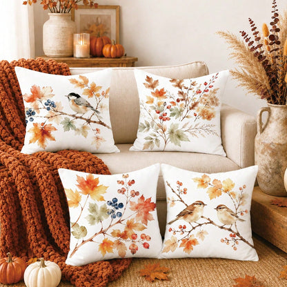 4pcs Minimalist Autumn Plant Berry Bird Pattern Cushion Covers, Single-Sided Printed Skin-Friendly Peach Skin Velvet Material, 45*45CM Throw Pillow Covers Suitable For Room Decor, Indoor Sofa Living R