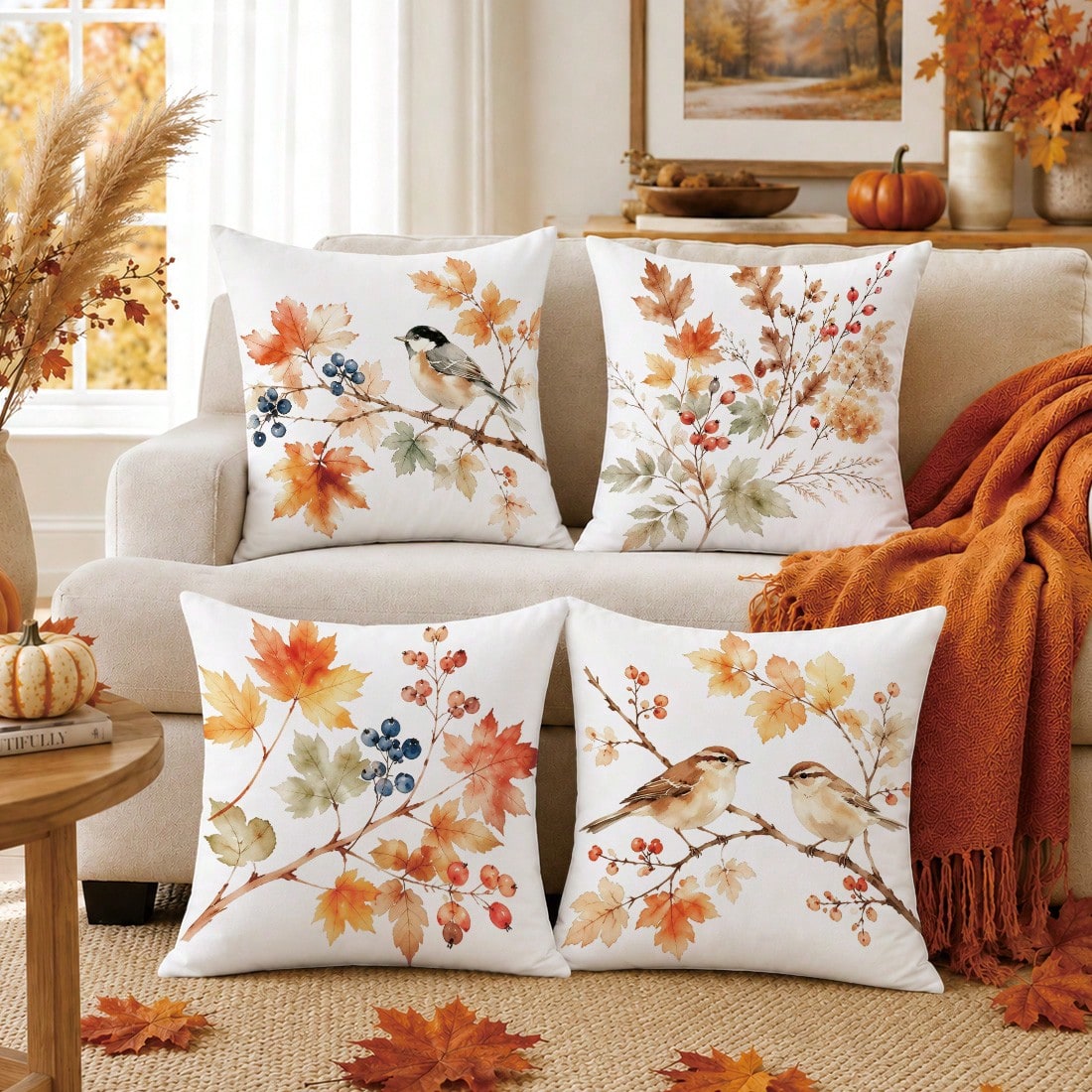 4pcs Minimalist Autumn Plant Berry Bird Pattern Cushion Covers, Single-Sided Printed Skin-Friendly Peach Skin Velvet Material, 45*45CM Throw Pillow Covers Suitable For Room Decor, Indoor Sofa Living R