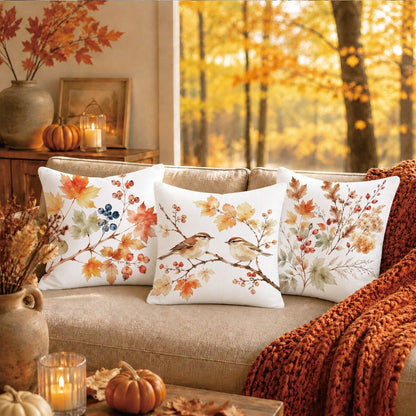4pcs Minimalist Autumn Plant Berry Bird Pattern Cushion Covers, Single-Sided Printed Skin-Friendly Peach Skin Velvet Material, 45*45CM Throw Pillow Covers Suitable For Room Decor, Indoor Sofa Living R