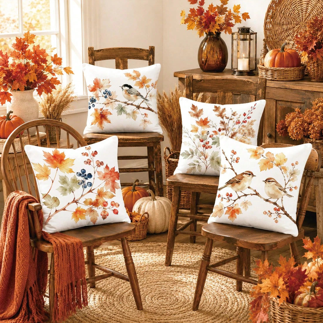 4pcs Minimalist Autumn Plant Berry Bird Pattern Cushion Covers, Single-Sided Printed Skin-Friendly Peach Skin Velvet Material, 45*45CM Throw Pillow Covers Suitable For Room Decor, Indoor Sofa Living R