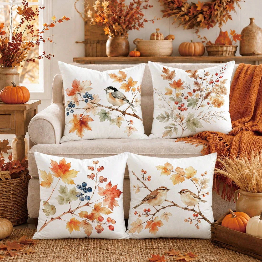 4pcs Minimalist Autumn Plant Berry Bird Pattern Cushion Covers, Single-Sided Printed Skin-Friendly Peach Skin Velvet Material, 45*45CM Throw Pillow Covers Suitable For Room Decor, Indoor Sofa Living R